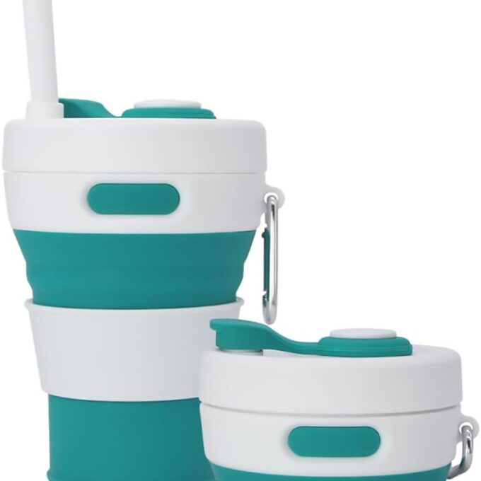 Collapsible Camping Cup with Straw Silicone Folding Coffee Cup Sport Bottle Portable Travel Outdoor Car 16oz 20oz (Green)