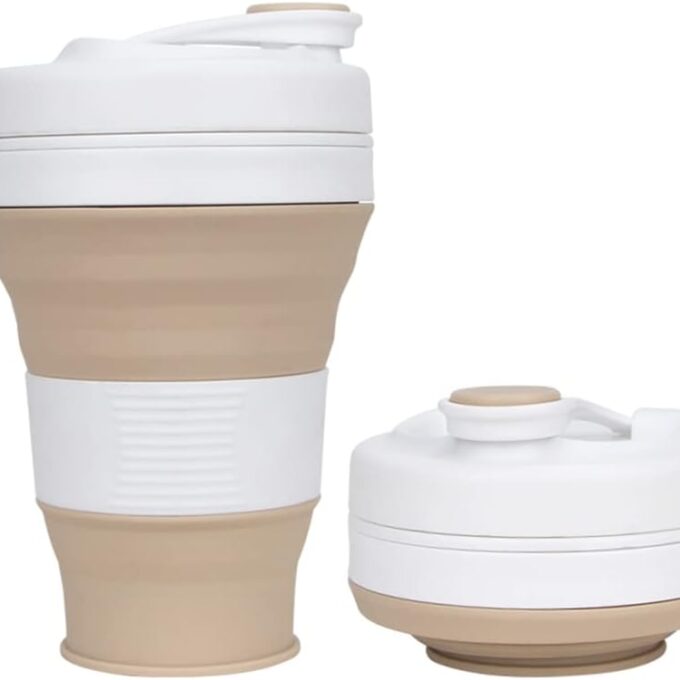 Collapsible Camping Cup with Straw Silicone Folding Coffee Cup Sport Bottle Portable Travel Outdoor Car 16oz 20oz (Khaki-600ml)