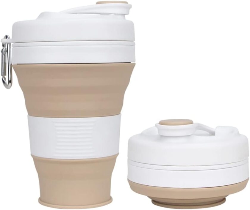 Collapsible Camping Cup with Straw Silicone Folding Coffee Cup Sport Bottle Portable Travel Outdoor Car 16oz 20oz (Khaki-600ml)