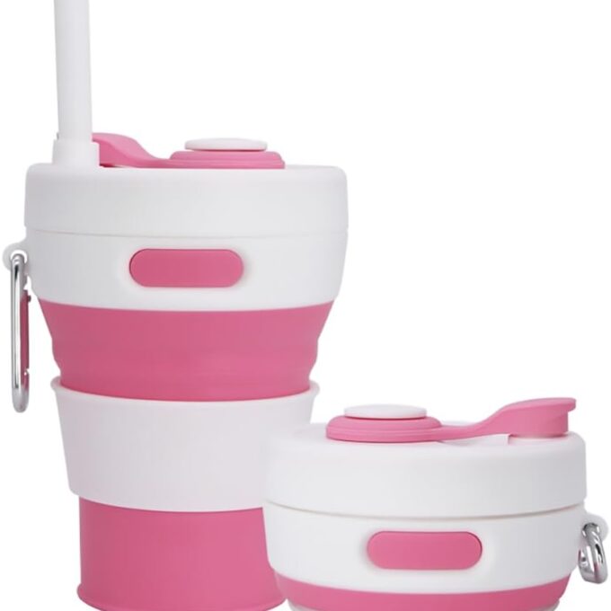 Collapsible Camping Cup with Straw Silicone Folding Coffee Cup Sport Bottle Portable Travel Outdoor Car 16oz 20oz (pink)