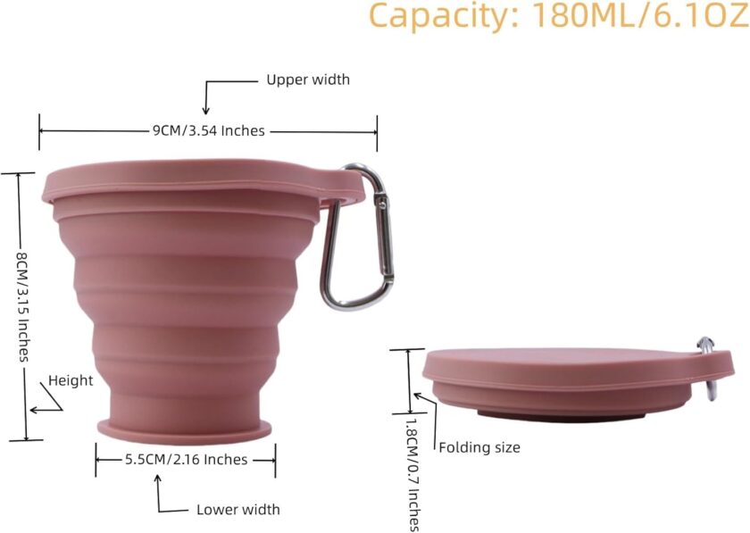 Foldable Silicone Cups Portable Picnic Snacks Cup Travel Cups Perfect Backpacking, Camping,Hiking Portable, Foldable, Durable, Lid Hook 6.1 ounces, Pink 1 piece se - Image 2