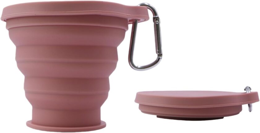 Foldable Silicone Cups Portable Picnic Snacks Cup Travel Cups Perfect Backpacking, Camping,Hiking Portable, Foldable, Durable, Lid Hook 6.1 ounces, Pink 1 piece se