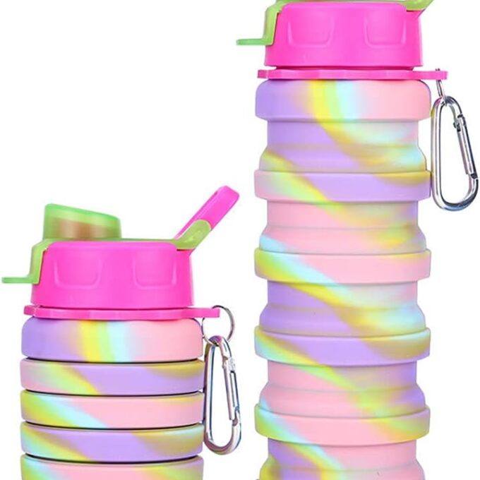 Silicone Collapsible Water Bottles, 16oz 500ml Portable Foldable Expandable Water Bottle Sports Cups, Leak Proof Reusable BPA Free, for Outdoor Activities Travel(2# Pink)