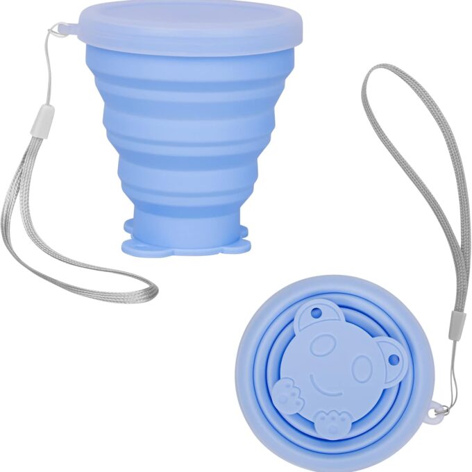 Reusable Foldable Silicone Water Cup, Portable Picnic Snacks Cup, Pocket Size Travel Cup Extensible, Collapsible Cups with Lid for Camping, Travel (Blue with Rope)
