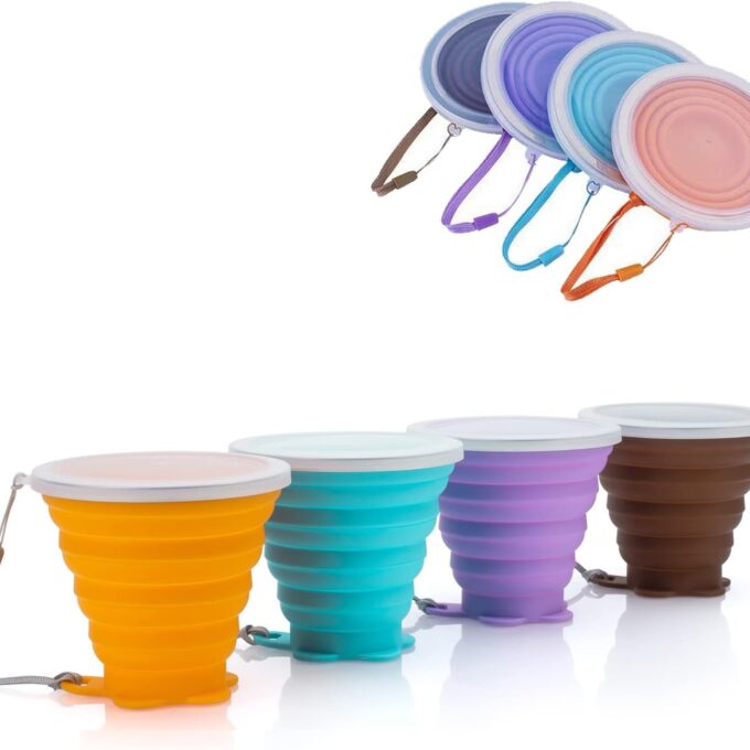 Silicone Collapsible Travel Cup, 4 Pack Silicone Folding Camping Cup with Lids Expandable Drinking Cup Set BPA Free Reusable Portable Graduated for Outdoor Hiking Travel