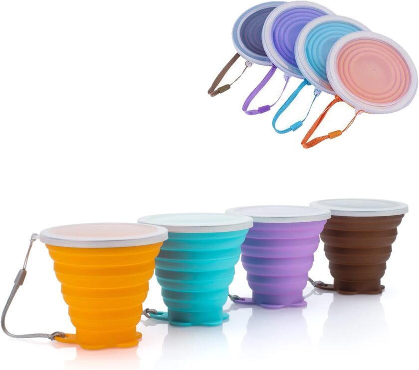 Silicone Collapsible Travel Cup, 4 Pack Silicone Folding Camping Cup with Lids Expandable Drinking Cup Set BPA Free Reusable Portable Graduated for Outdoor Hiking Travel