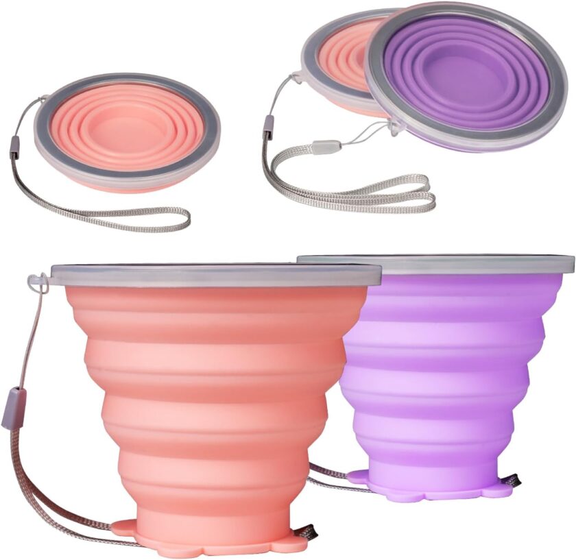 2 Pack Collapsible Cup, Silicone Collapsible Travel Cup, Silicone Folding Camping Cup with Lids Expandable, Drinking Cup for Outdoor Hiking Travel, Outdoor Sports- Portable, Graduated