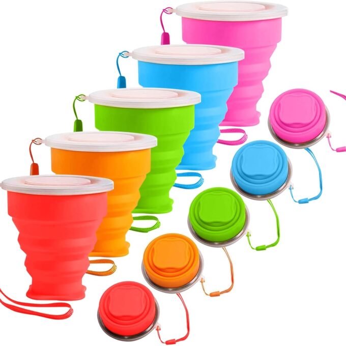 5Pcs Silicone Collapsible Cup for Travel, Reusable Folding Camping Cup Mug with Lids, Portable Expandable Drinking Cup Collapsible Water Cups Mugs Set Telescopic Camping Tumblers for Hiking