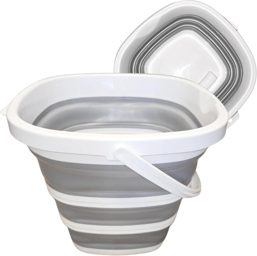 Collapsible Bucket 10L (2.6 Gallon) – BPA-Free Folding Silicone with Handle, Spout & Hook | Compact, Space-Saving for Mop, Cleaning, Car Wash, Camping, Beach, and Outdoor Use (Grey)