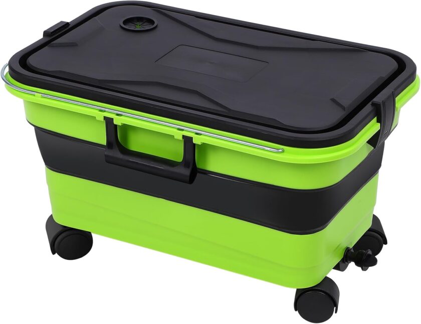 Collapsible Bucket 5.5 Gallon with Wheels & Handle, 2-in-1 Foldable Car Wash Bucket with Drain Plug for Pressure Washer, Camping, Cleaning, RV & Pet Use