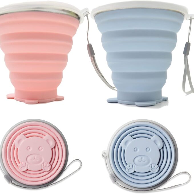2 Pack Silicone Collapsible Cups for Traveling, 320ml+320ml Portable Collapsible Travel Cup, Folding Camping Cup with Lids, Reusable Expandable Drinking Cup for Travel Hiking,Blue Pink