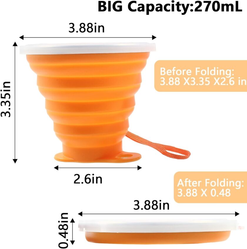2 Pack Silicone Collapsible Travel Cup Portable Folding Camping Cup Sets with Lids, Pink & Orange - Image 2