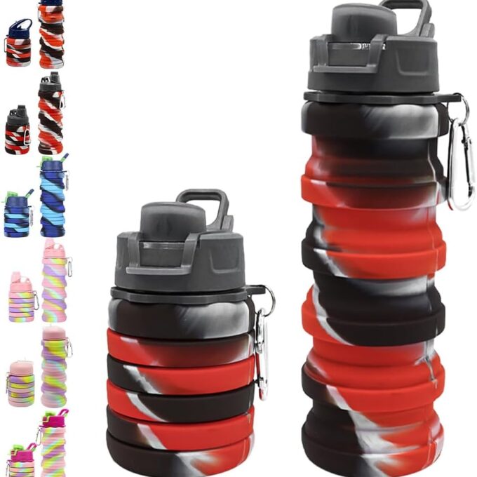 Silicone Collapsible Water Bottles, 16oz 500ml Portable Foldable Expandable Water Bottle Sports Cups, Leak Proof Reusable BPA Free, for Outdoor Activities Travel (B-Black red)
