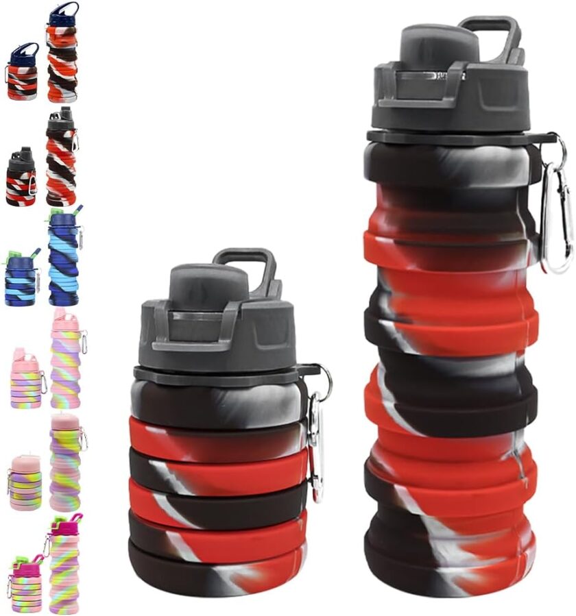 Silicone Collapsible Water Bottles, 16oz 500ml Portable Foldable Expandable Water Bottle Sports Cups, Leak Proof Reusable BPA Free, for Outdoor Activities Travel (B-Black red)