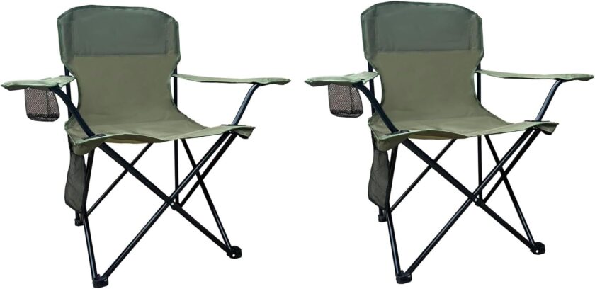 2PCS Folding Camping Collapsible Chairs Heavy Duty Lawn Chair with Cooler Bag, Storage Pocket, Waterproof Bag Outdoor Arm Chair, Supports 225LBS, Green
