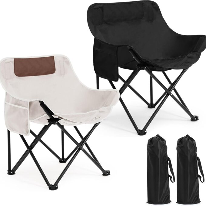 2 Pack Compact Camping Chairs Portable Folding for Outside with Carry Bag Lightweight Moon Chairs for Travel Picnic Hiking Beach Fishing, 600D Oxford, Supports 330lbs(White, Black)