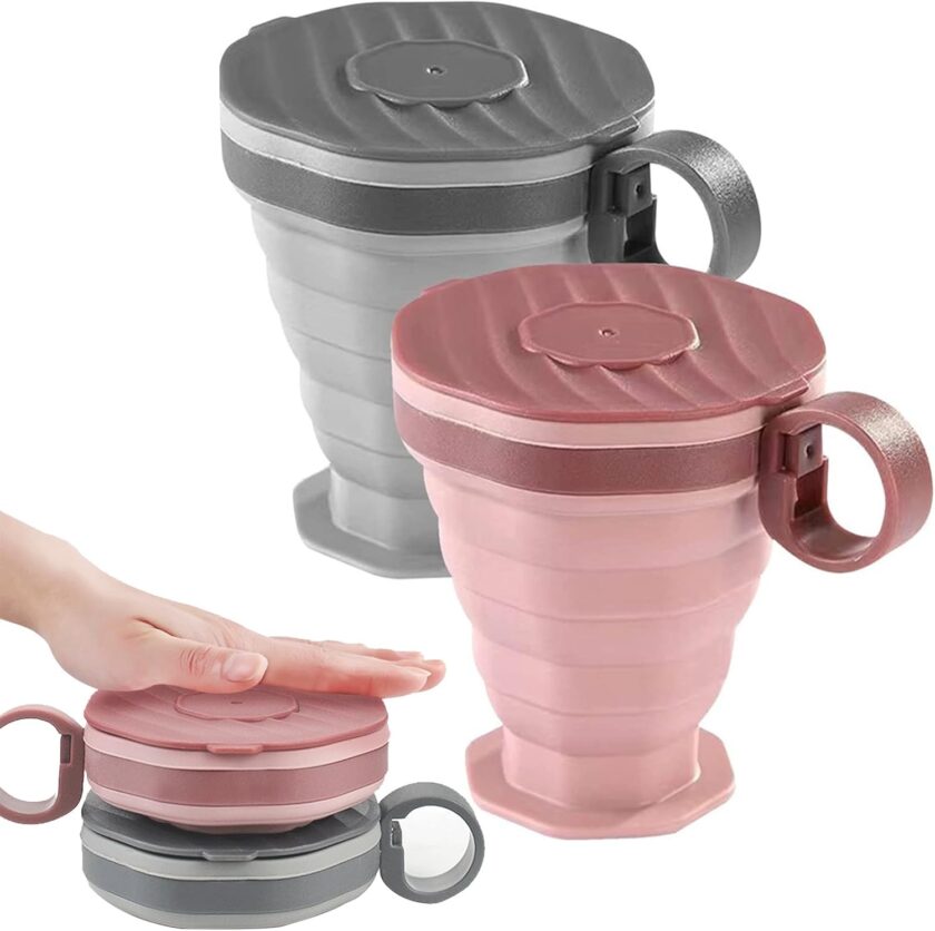 Pack of 2 foldable silicone cups, foldable travel cups with plastic lids, reusable portable cup set suitable for camping and hiking