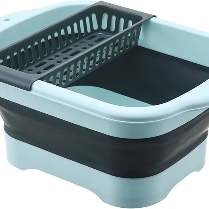 2.77 Gallon (10.5L) Collapsible Dish Basin with Drain Plug, Outdoor Multiuse Foldable Sink Tub, Dishpan, Wash Basin, Portable Kitchen Storage Tray for Camping, RV, Beverage Bucket (Green)