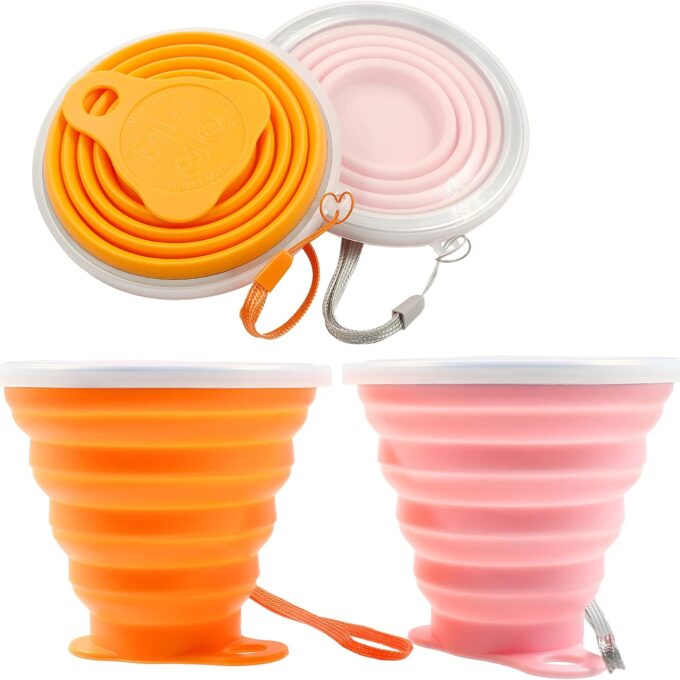 2 Pack Silicone Collapsible Travel Cup Portable Folding Camping Cup Sets with Lids, Pink & Orange