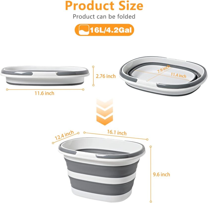 Large Collapsible Bucket 4.2 Gallon (16L) for House Cleaning, Camping, and More - Space Saving, Multiuse Water Bucket for Cleaning Mop - Lightweight and Portable (Grey-1) - Image 2
