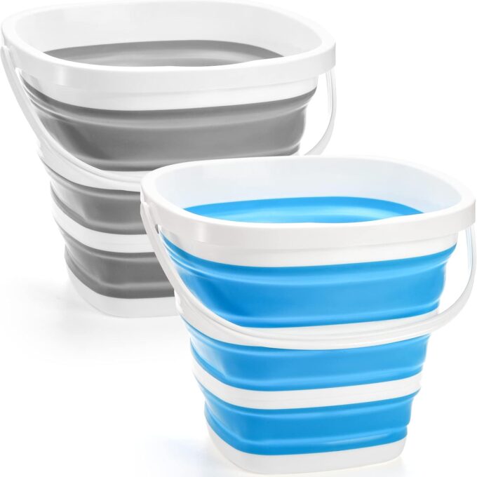 2 Pack Collapsible Plastic Bucket, Portable Cleaning Bucket with Handle, 2.6 Gallon (10L) Foldable Rectangular Tub for Hiking, Backpacking, Camping, Fishing, Car Wash, Gray & Blue