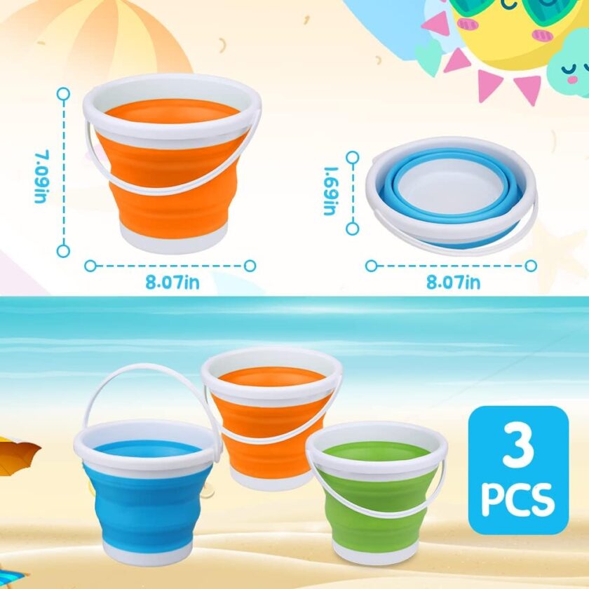 Silicone Beach Foldable Buckets Toys Halloween Bucket, 3L Jumbo Sand Pails Bucket Set with Mesh Bag, Swimming Pool Toys for Kids Adults, Gift Set for Gardening, Travel, Fishing, Cleaning, Camping - Image 2