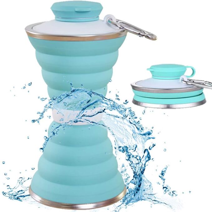 Collapsible Water Bottle, Camping Cup With Carabiner, Reuseable Silicone Foldable Leak Proof Portable Sports Travel Water Bottles For Outdoor, Travel Gym Hiking, BPA Free, Cycling Cups with Carabiner