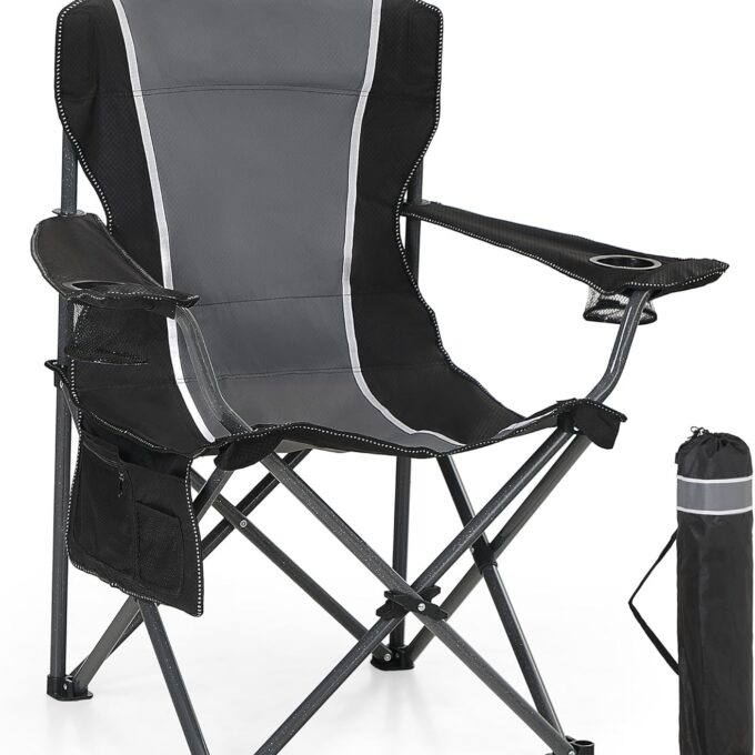 Oversized Camping Folding Outdoor Chair with Armrest, Collapsible Portable Lawn Chair with Cup Holder for Adults Support 350 LBS, Gray-Black