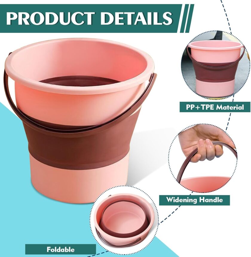 Collapsible Bucket 1.3 Gallon/5L Small Plastic Bucket Household Cleaning Mop Buckets Foldable Water Bucket for Car Wash Fishing Camping Beach (Pink) - Image 2