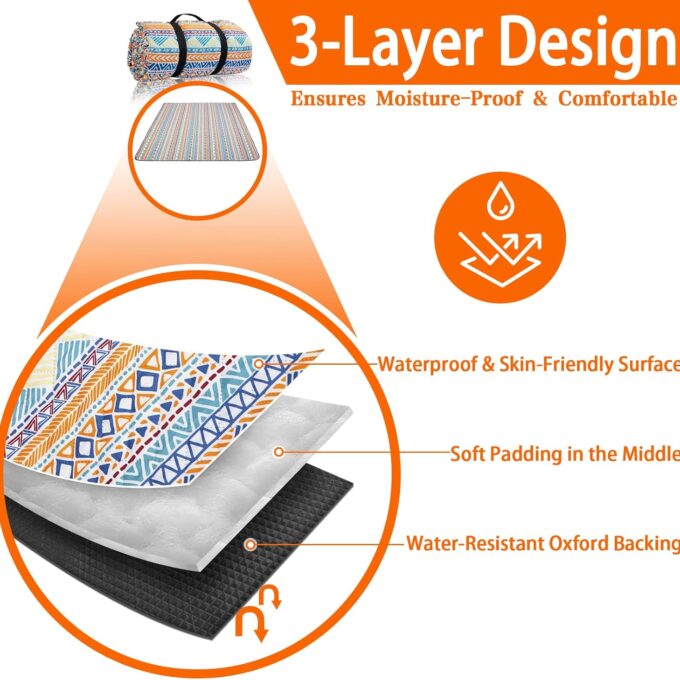 Picnic Blankets Extra Large, Waterproof Foldable Outdoor Beach Blanket Oversized 83x79” Sandproof, 3-Layer Picnic Mat for Camping, Hiking, Travel, Park, Concerts(Orange Boho)