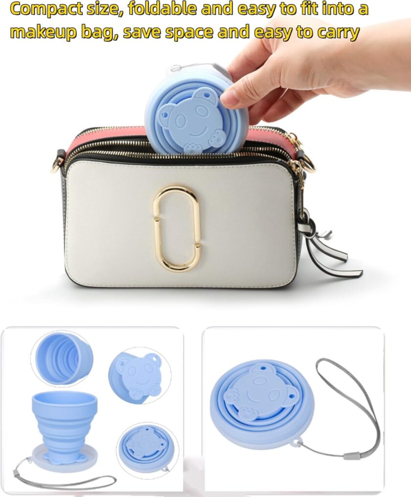 Reusable Foldable Silicone Water Cup, Portable Picnic Snacks Cup, Pocket Size Travel Cup Extensible, Collapsible Cups with Lid for Camping, Travel (Blue with Rope) - Image 2