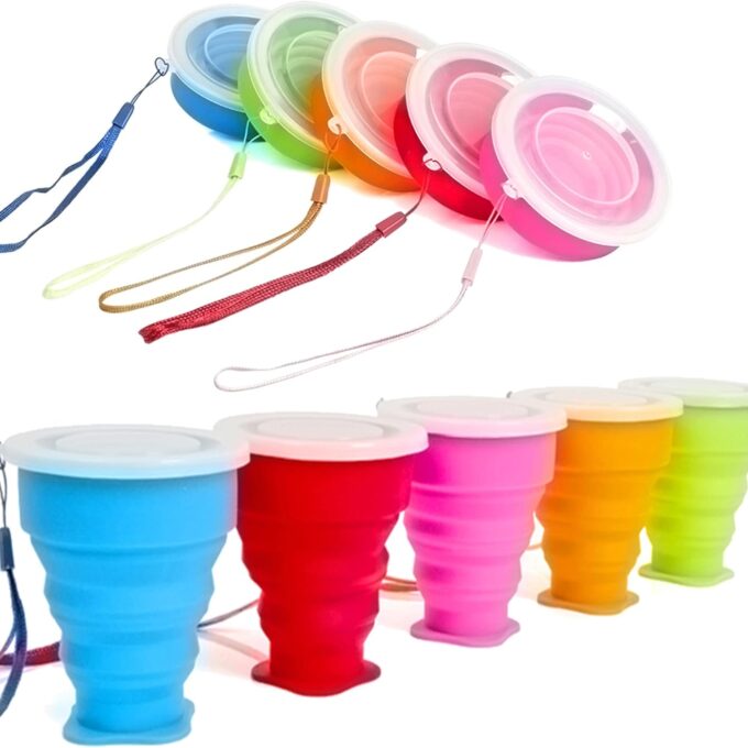 5 Pack Silicone Collapsible Cups for Traveling Foldable Camping Cups Collapsible Water Cup Portable Drinking Cups with Lids Collapsible Mug for Outdoor Hiking