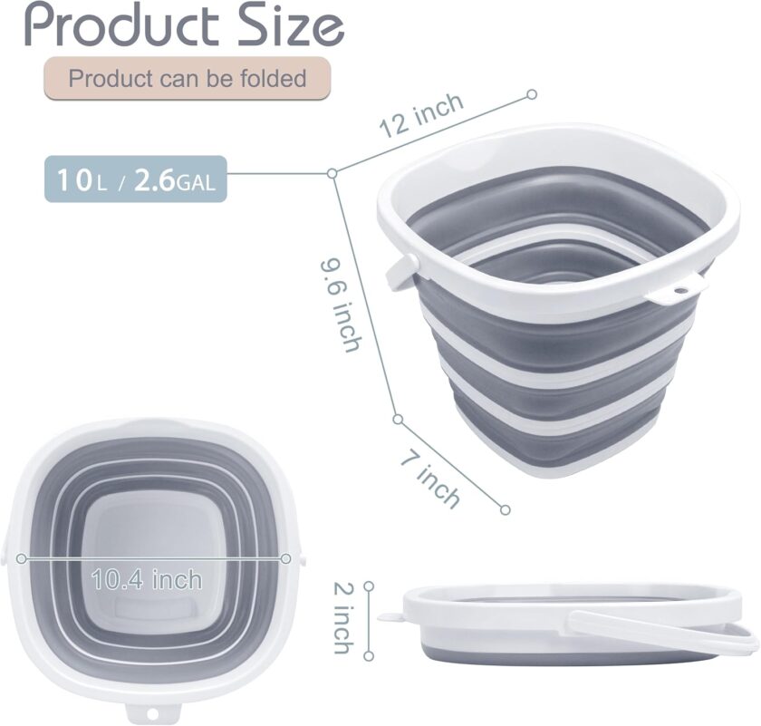 Collapsible Bucket Mop Bucket 2.6 Gallon(10L) for House Cleaning, Travel, and More - Lightweight, Foldable, and Portable for Outdoor Adventures(1,Grey-Square) - Image 2