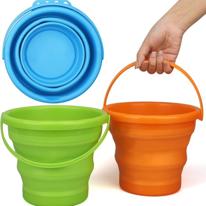 Foldable Beach Sand Toy Bucket for Kids Adults, Jumbo Collapsible Sandbox Bucket, Foldable Pail with Mesh Bag, Multi Use for Garden Beach, Camping, Easter Basket Gift, Fishing, Travelling 3PCS