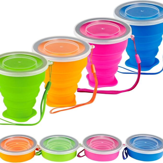 Collapsible Cups for Travel - Portable Silicone Foldable Cup with Lid, Reusable Collapsible Drinking Cup for Camping, Hiking, and Daily Use - Compact, Leak-Proof, and Sturdy Collapsible Water Cup