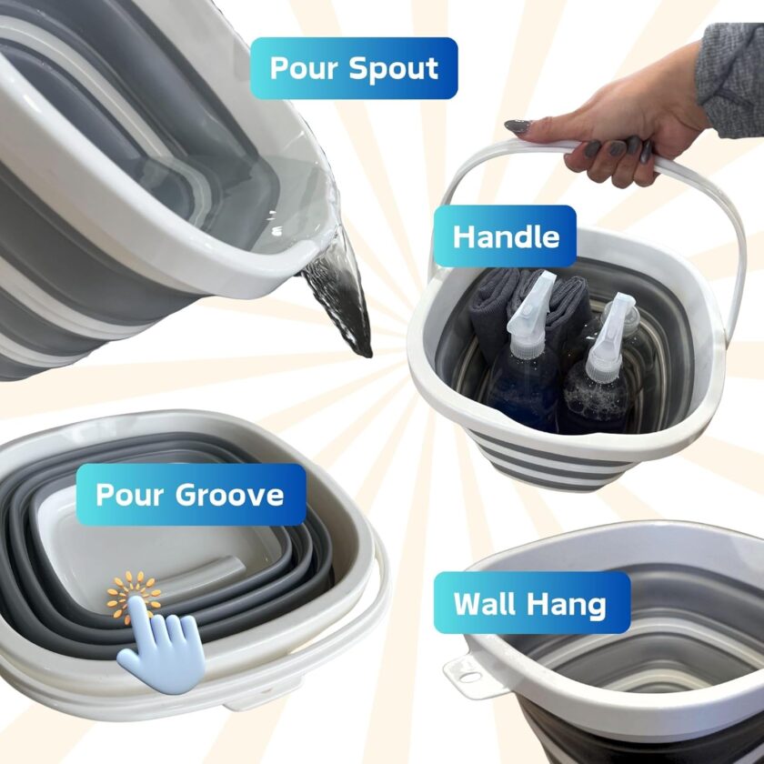 Collapsible Bucket 10L (2.6 Gallon) – BPA-Free Folding Silicone with Handle, Spout & Hook | Compact, Space-Saving for Mop, Cleaning, Car Wash, Camping, Beach, and Outdoor Use (Grey) - Image 2